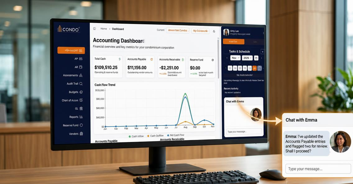 EMMA assistant running inside the CONDOAI manager dashboard