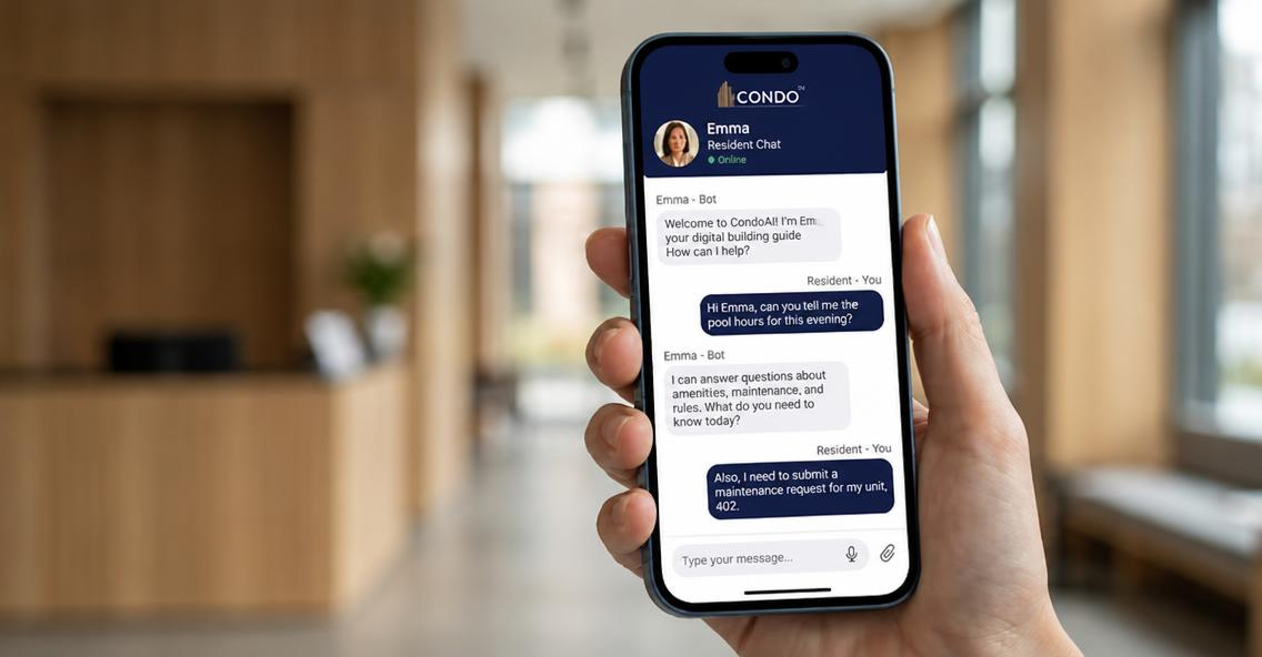 EMMA resident chat on a smartphone in a building lobby, answering a resident question in seconds