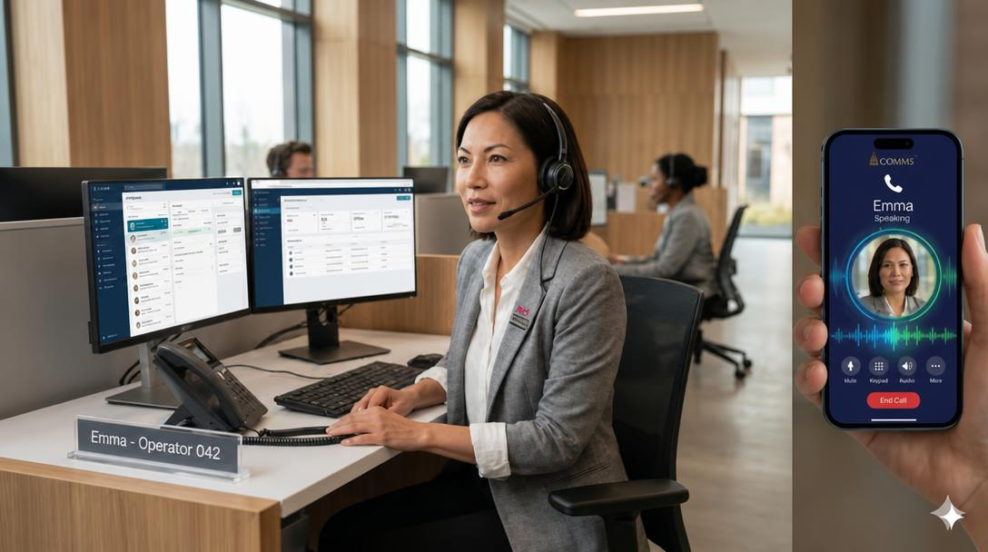 Property manager at front desk wearing headset, dual monitors showing EMMA dashboard, with mobile phone showing EMMA voice call interface