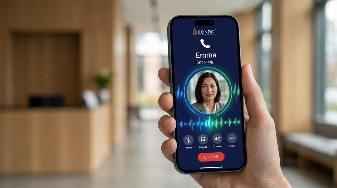 EMMA voice call interface on smartphone showing the assistant taking a call from a property resident
