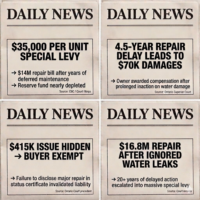 Condominium news headlines reporting real damages: $35,000 per unit special levy, 4.5-year repair delay leading to $70K damages, $415K issue hidden from buyer, $16.8M repair after ignored water leaks