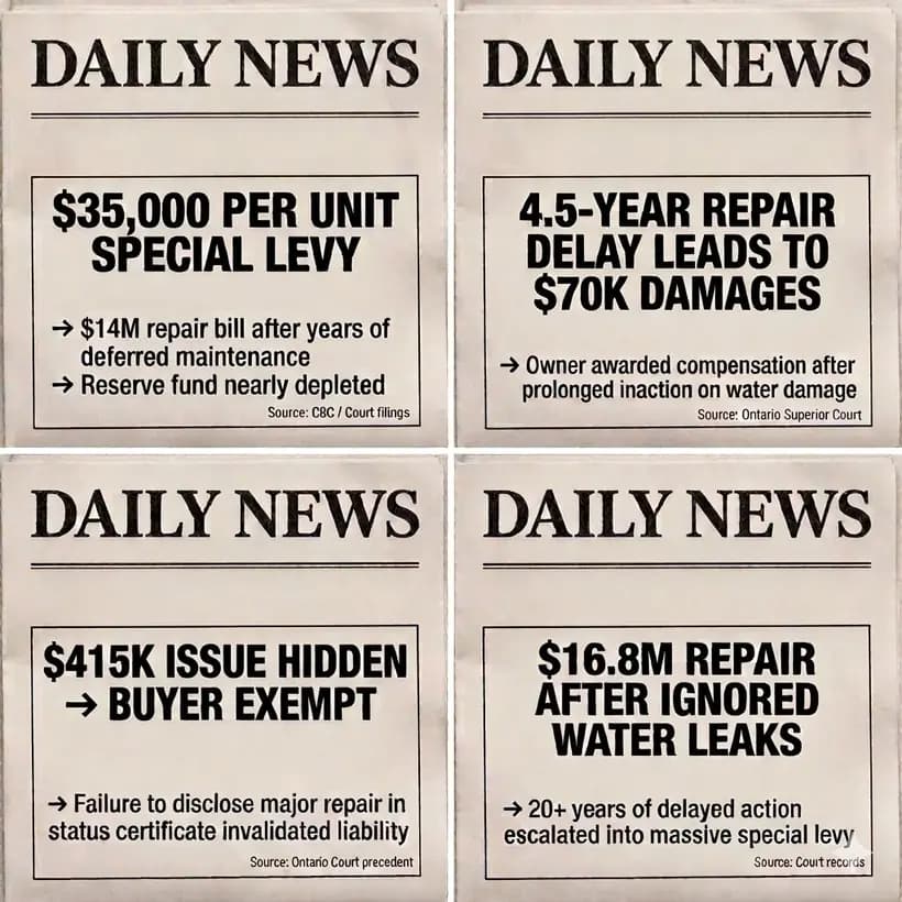 Condominium news headlines reporting real damages: $35,000 per unit special levy, 4.5-year repair delay leading to $70K damages, $415K issue hidden from buyer, $16.8M repair after ignored water leaks