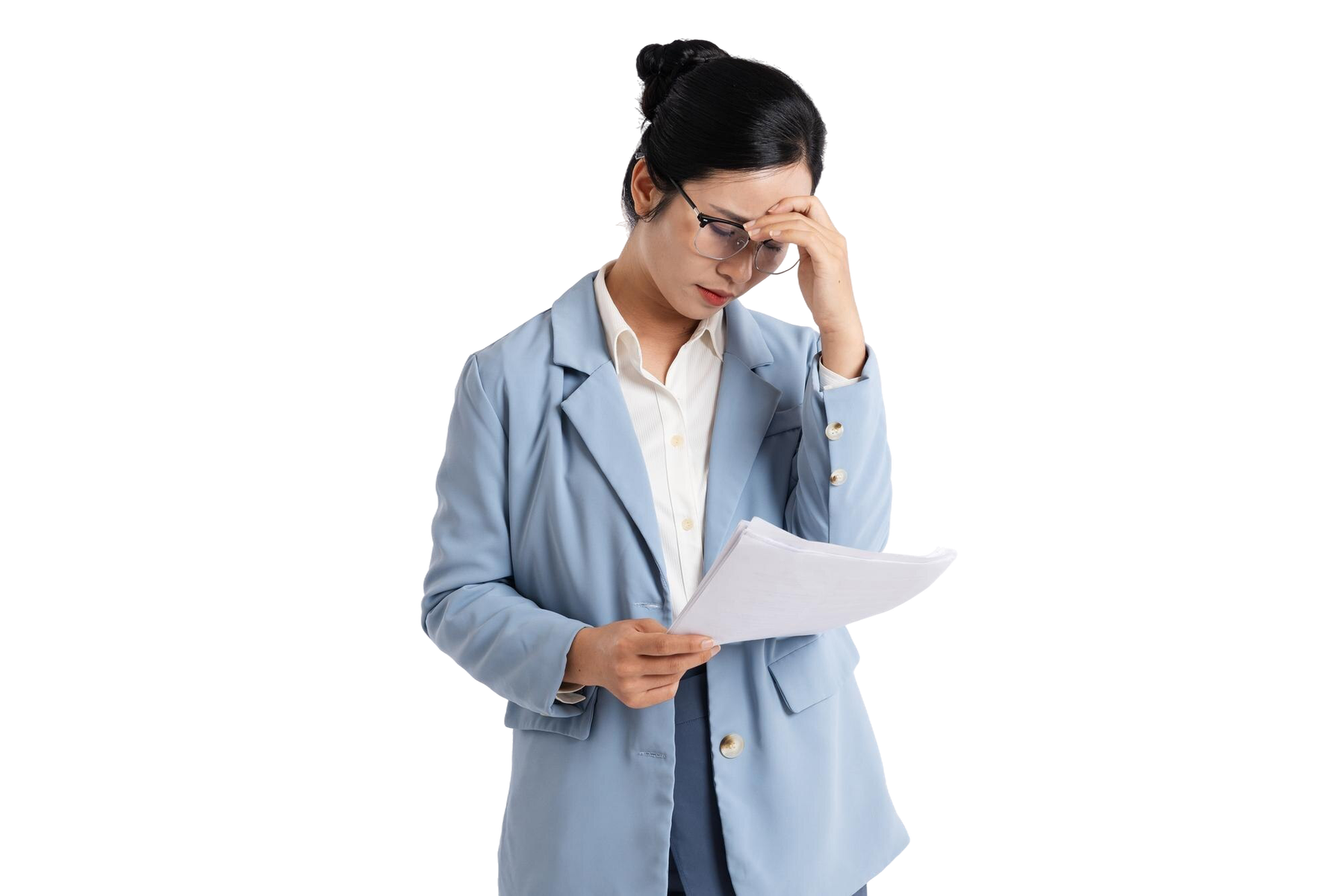 An overwhelmed condo property manager reviewing paperwork